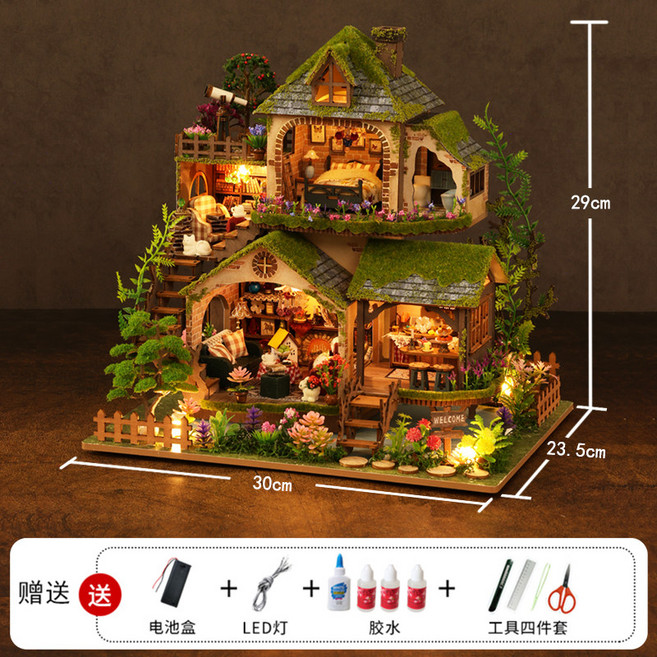 DIY 미니어처 하우스 숲속의조우 키트 조명 음악 피규어 배경 소품, 단품