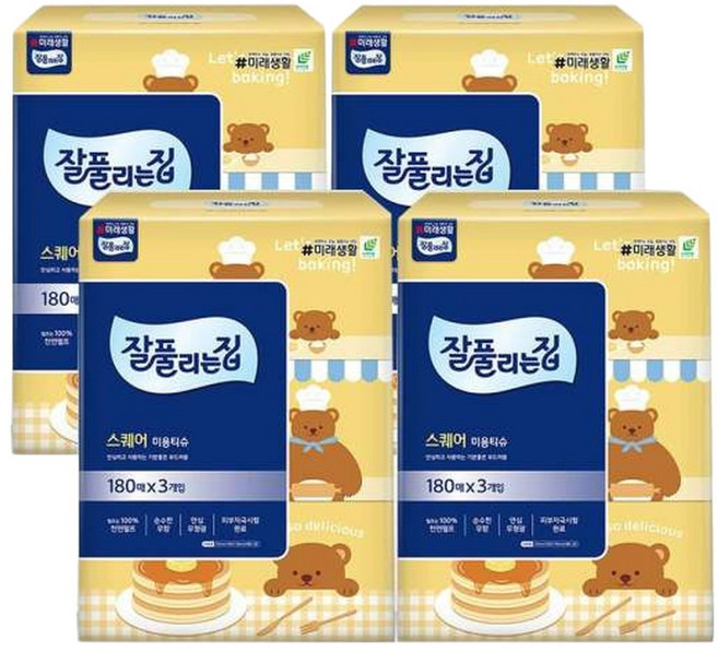 잘풀리는집 미용티슈 각티슈 180매 3입 4팩 미용티슈 잘풀리는집각티슈 천연펄프 부드러운티슈 화장티슈, 4박스, 3매입