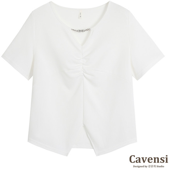 Cavensi 鏈條抓皺V領 設計感上衣 M-5XL