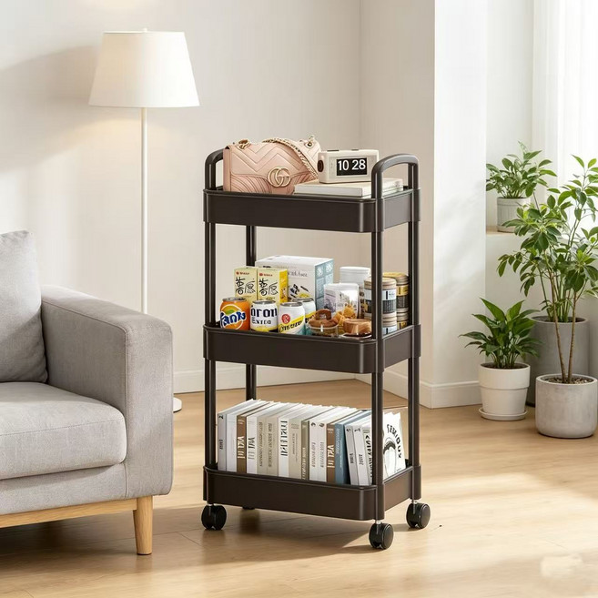 Bornoon 다용도 이동식 트롤리 3단 선반 철제, 블랙