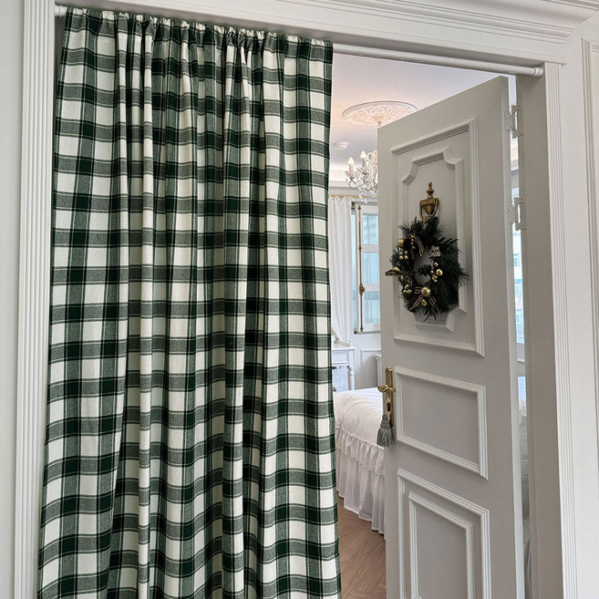 사라하우스 타탄 체크 앞뒤가 같은 양면 감성 가리개 가림막 중문 주방 커튼