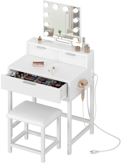 BOLUO 할리우드 거울과 조명이 있는 화이트 메이크업 화장대 책상 의자가 있는 여아용 화장대 세트 서랍과 콘센트가 있는 컴팩트한 메이크업 테이블 침실 작은 공간, White