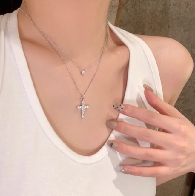 모듀니크 여성용 세련된 레이어드 패션 목걸이 십자가 + 큐빅 세트