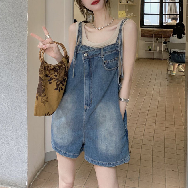 슬림소녀 여성 데님 멜빵바지 언발란스 빈티지 블루 여름 루즈핏 하이웨스트 일자 와이드 반바지