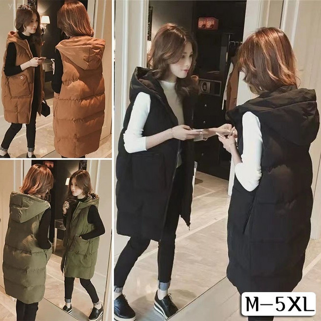YLEMI 여성 봄가을 빅포켓 하프기장 후드 패딩 베스트 캐주얼 보온 빅사이즈 조끼