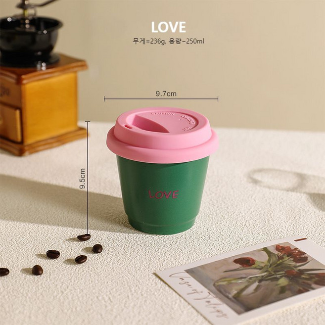도파민 테이크아웃컵 커피컵 실리콘뚜껑 세라믹 머그잔, 핑크그린(LOVE), 1개