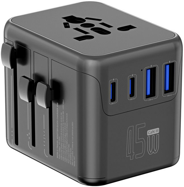萬國旅遊充電器 45W GaN III 快充, 黑色（45W-2U2C）, 1個, 1