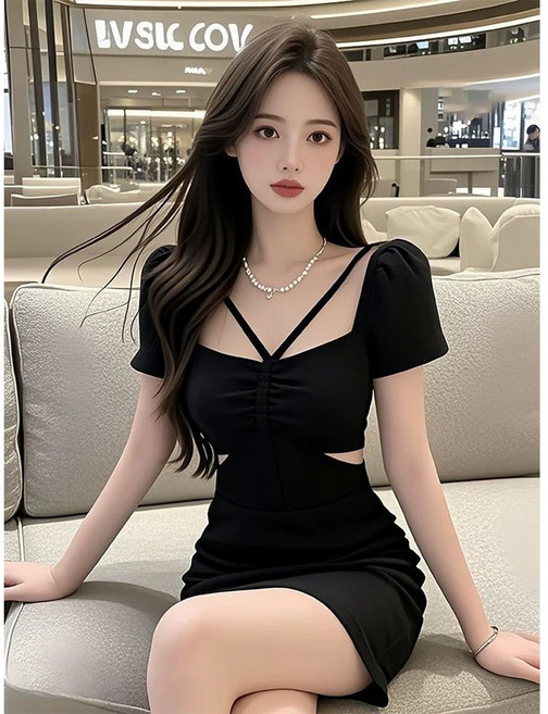여성 블랙 스퀘어넥 허리 트임 섹시 미니 원피스 DL1025