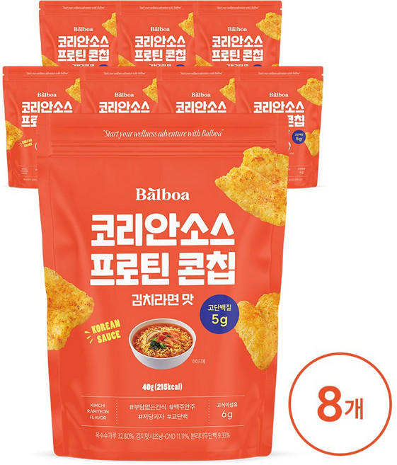 발보아 저당 코리안소스 프로틴 콘칩 김치라면맛, 8개, 40g