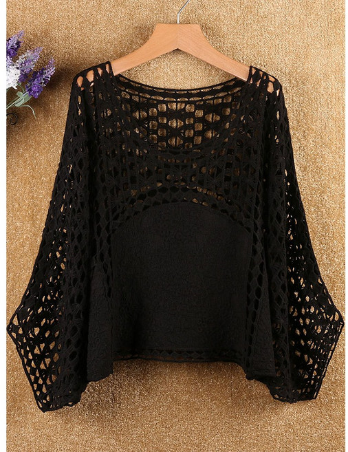 섹시하니 여성 그물 니트티 구멍 시스루 가오리 소매 티셔츠DMP42