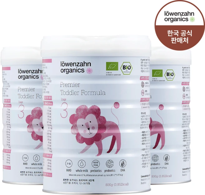 [한국 공식] 뢰벤짠 오가닉스 프리미어 유기농 분유 3단계(돌~36개월), 3개, 800g - 쿠팡