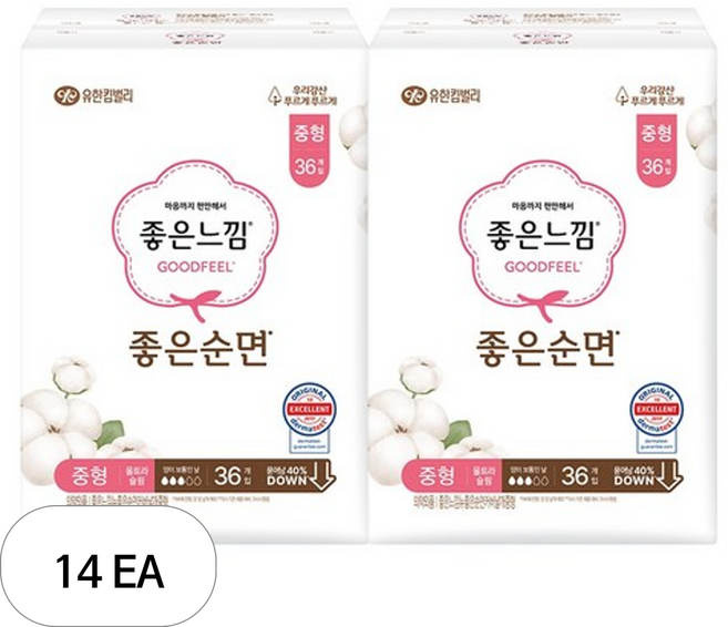 좋은느낌 좋은순면 생리대 날개형, 중형, 36개입, 14개