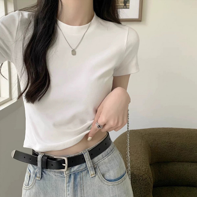 빠뻐을뻔 여성 정어깨 반팔 라운드넥 깔끔 슬림 크롭 티셔츠