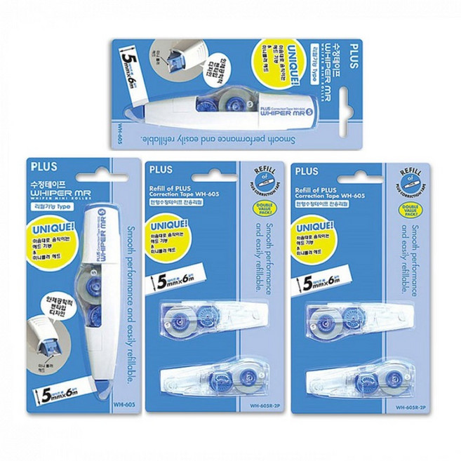 더주니 플러스 수정테이프 화이퍼 MR WH-605 (본체+리필) 세트, 1세트, 블루 본품 2개 + 리필 2개