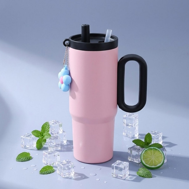 쪼로니 대용량 빨대 키링 텀블러 손잡이 휴대용, 1개, 650ml, 핑크