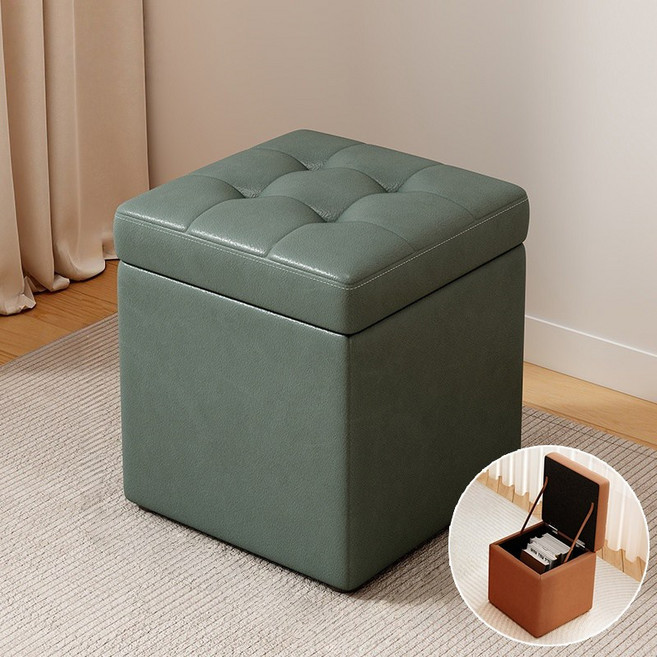 WHH 수납 가죽 스툴 현관 의자, 1개, 그린