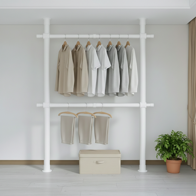 38파이 와이드 2단 행거 고정식 튼튼한 설치형 시스템 행거, 넓이 100-180cm x 높이 110-260cm