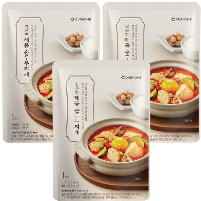 아워홈 얼큰한 해물 순두부찌개, 3개, 400g