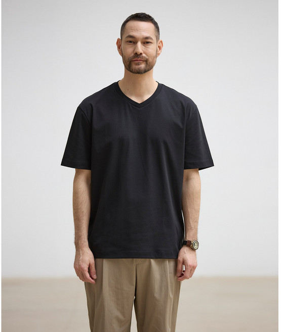 [STCO] 남성 수피마 코튼 브이넥 반팔 티셔츠 세미오버핏 블랙