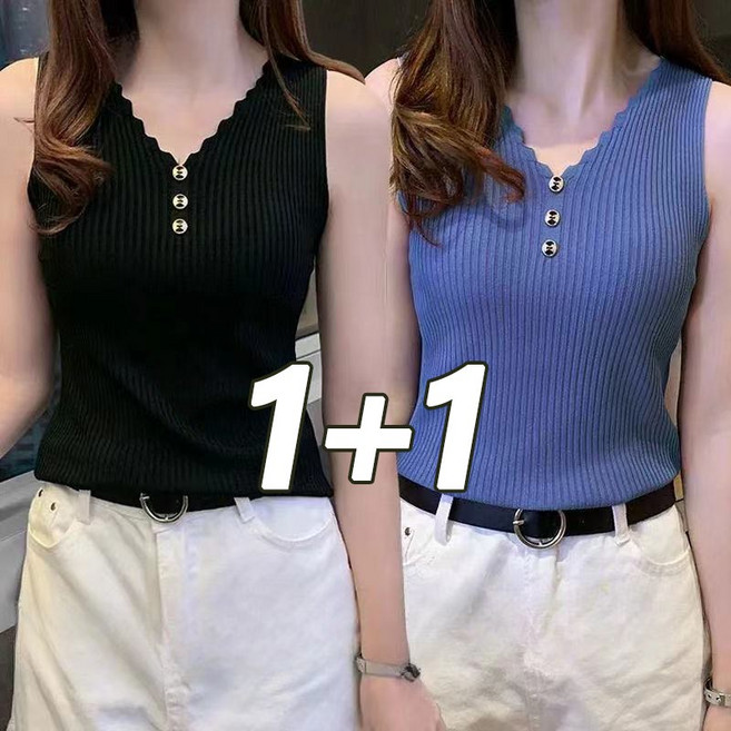 1+1 여자 아이스 니트티 브이넥 버튼 얇은 여름나시티 스판 시원한 티셔츠 빅사이즈