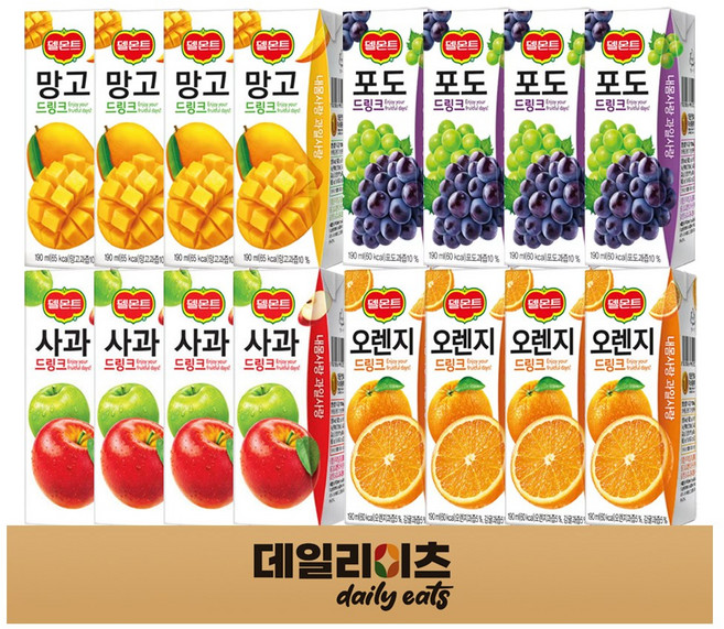 델몬트 드링크 주스팩 4종 4개씩 총 16개입 (사과드링크 망고드링크 포도드링크 오렌지드링크), 1박스, 190ml