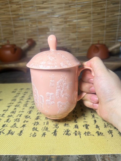 冰花瓷 馬克杯 帶蓋 陶瓷杯 桔紅色, 如圖所示, 1個