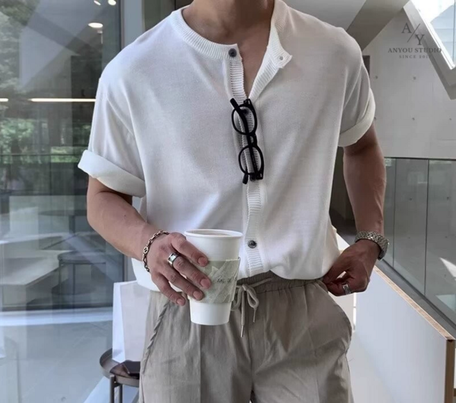 ANYOU 남자 반팔 니트 여름 루즈핏 캐주얼 트렌디한 무드의 솔리드 라운드 반팔 카디건 상의