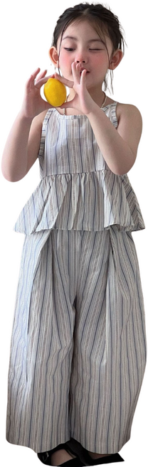 삐삐네옷가게 키즈 여아용 스트라이프 시원한 민소매 와이드 바지 투피스