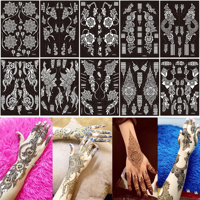 10장 세트 헤나타투 타투스텐실 만다라꽃도안 대형 재사용가능 셀프 헤나스텐실 핸드 바디페인팅, 1세트, S7011-7020