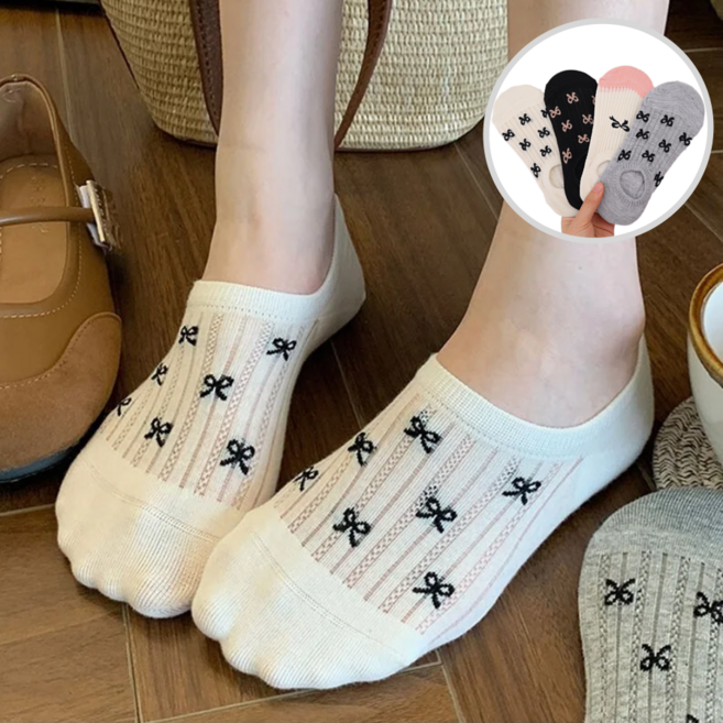 SwanCode 봄과 여름 양말 여성 레이스 나비 리본 덧신 양말 4켤레