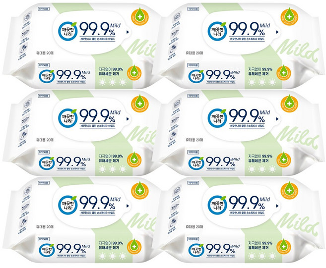 클린 손소독티슈 마일드 휴대용 물티슈 20매, 6개