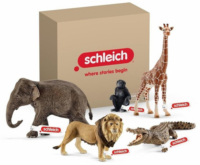 정품++ Schleich 슐라이히 Wild Life - 사자 코끼리 원숭이 악어 및 기 피규어가 있는 5피스 아프리카 동물 놀이 세트 사파리 이상 피규어 | 72286
