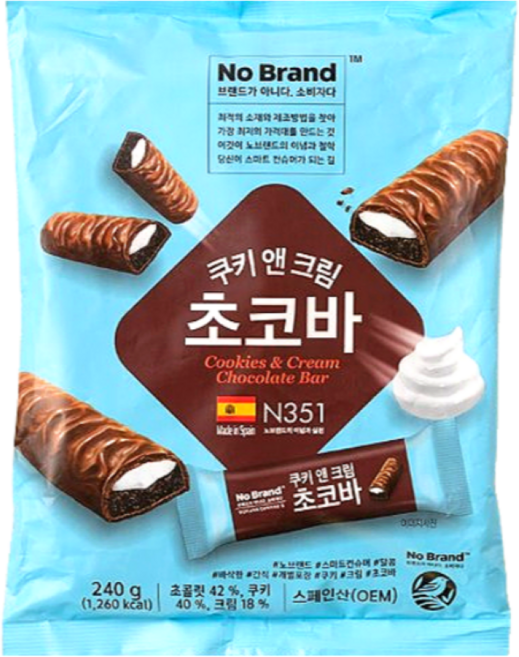 노브랜드 쿠키 앤 크림 초코바 240g, 1개