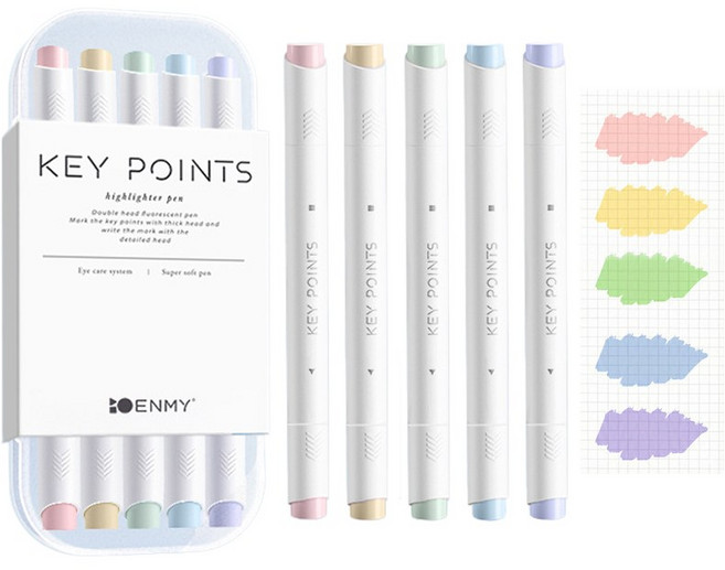 NIVORY 소프트 파스텔 형광펜 5색 투명필통 펜파우치 세트, 1팩, 뮤트