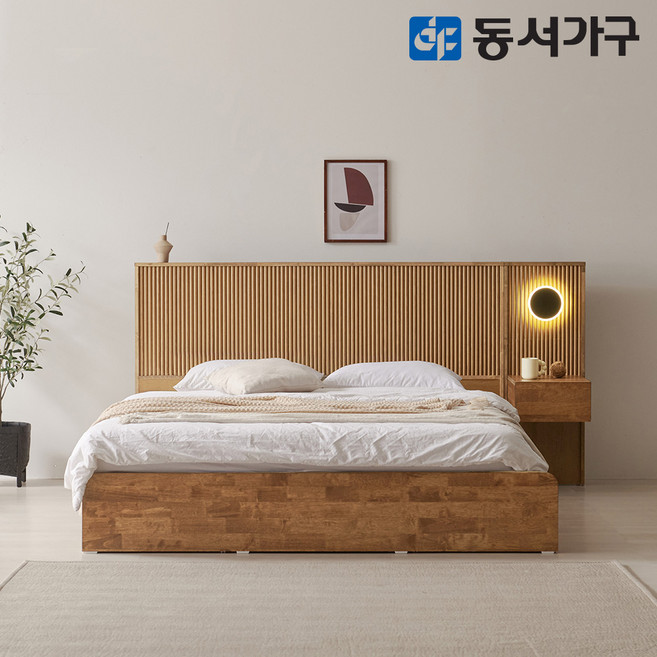 동서가구 브론헤리티지 LED 호텔형 수납침대 K + 협탁1EA + 양면 매트리스 DF645343, 월넛