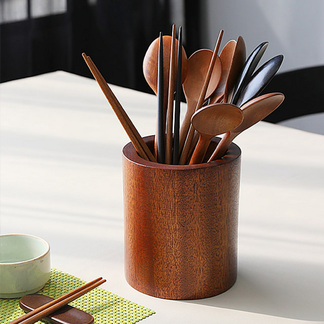 나무 원목 수저꽂이 옻칠 수저통 우드 조리도구 꽂이, 1개, 원형꽂이 대