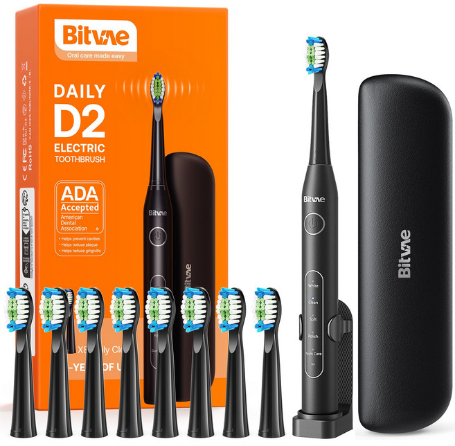 비트베이 D2 음파 전동칫솔 진동칫솔 칫솔모8개 스탠드와 휴대용 케이스 포함 Bitvae Amazon베스트, 블랙, 1개