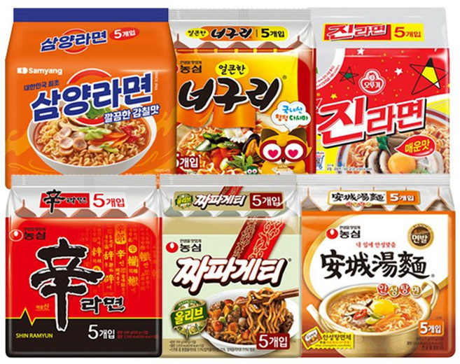 봉지라면 혼합 30 (신라면5+짜파게티5+안성탕면5+삼양라면5+너구리5+진라면매운맛5), 단일속성, 30개