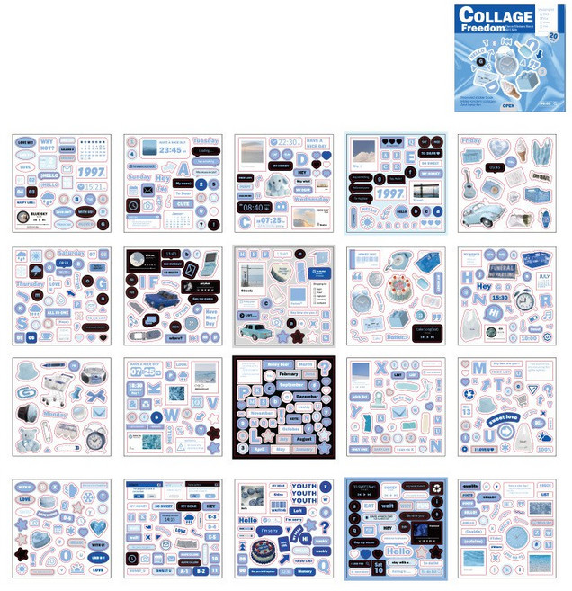 올리브파티 데코콜라주 시리즈 빈티지 감성 포토 다꾸 스티커 20매 세트, 1개, 블루