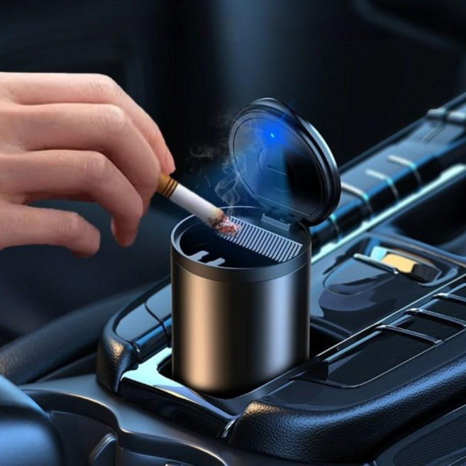 아망디에 차량용 LED 재떨이 휴지통 냄새차단 합금 소재 대용량, 1개, 블랙