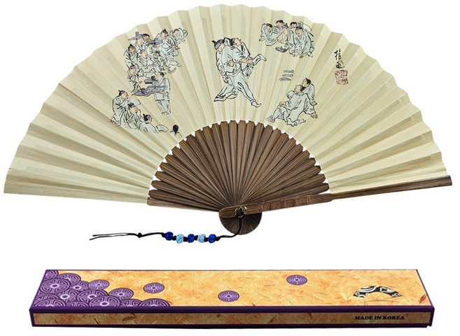 포미모어 민속화 전통 접이식 대나무 부채 대형 국내제작, 김홍도 씨름, 1개