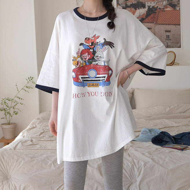 데일리앤 레이지 코튼 오버핏 빈티지 프린팅 배색 반팔 여성 7부 레깅스 티셔츠 봄 여름 가을