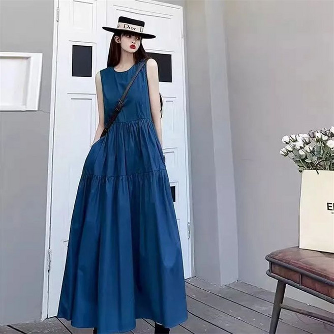 여성 롱 뷔스티에 원피스 빅사이즈 a라인 스커트 민소매 원피스 여름 여자 나시 원피스 CJJ