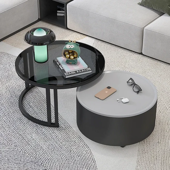 회전식 차 트레이 북유럽 스타일 커피 테이블 거실 가구 작은 아파트 간단한 현대적인 가벼운 럭셔리 모바, 1개, 10 Big black and small