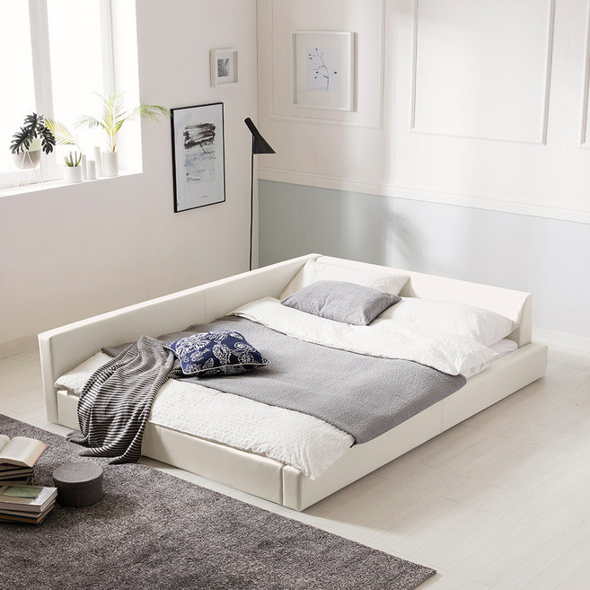 젠티스 스너그온 저상형 낮은 PU 가죽 패밀리 침대 프레임, 아이보리화이트