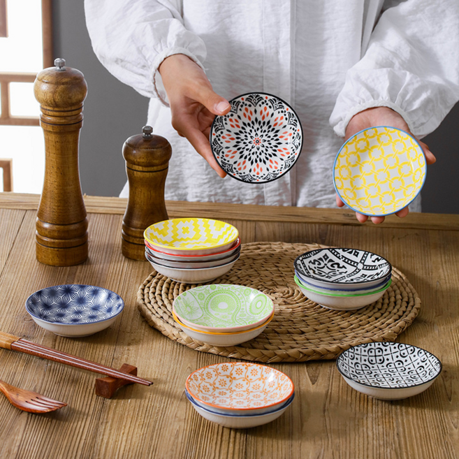 니치유 보헤미안 원형 앞접시 토핑 초밥 소스 접시 3.8인치 10P 세트, 혼색, 100ML, 10개