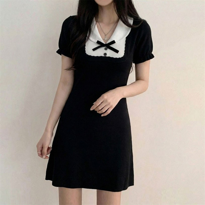 여성 하객룩 니트 원피스 배색 카라 반팔 20241