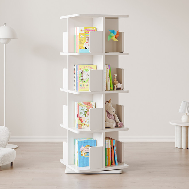 헤르티만 책장 대용량 회전 책장사각형 책장 거실 서재 책꽂이, 4단, 화이트