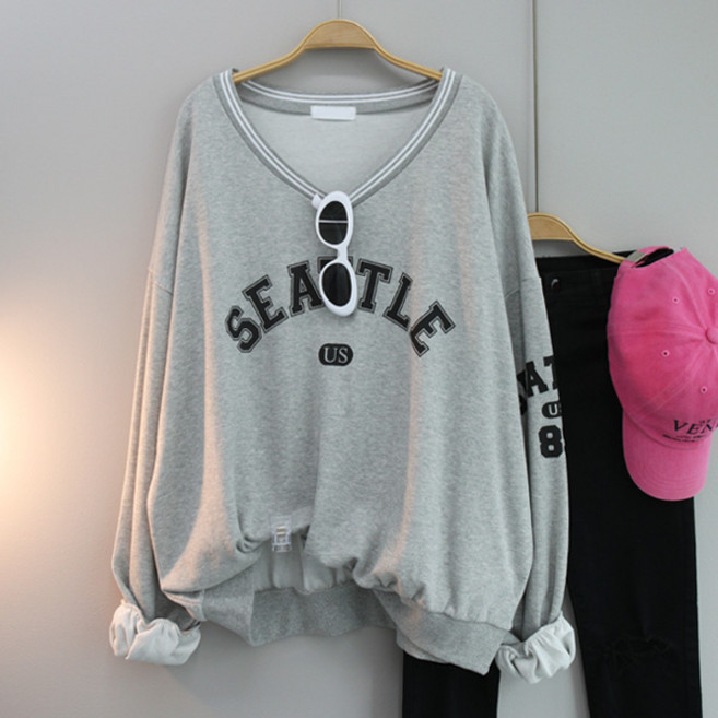 달콩 여성 빅사이즈 루즈핏 긴팔티 시애틀브이넥오버핏맨투맨