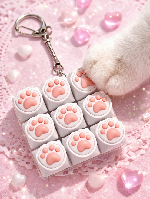 고양이 키캡 키링 9구 딸깍 키보드 키링 귀여운 키체인, 1개, 화이트